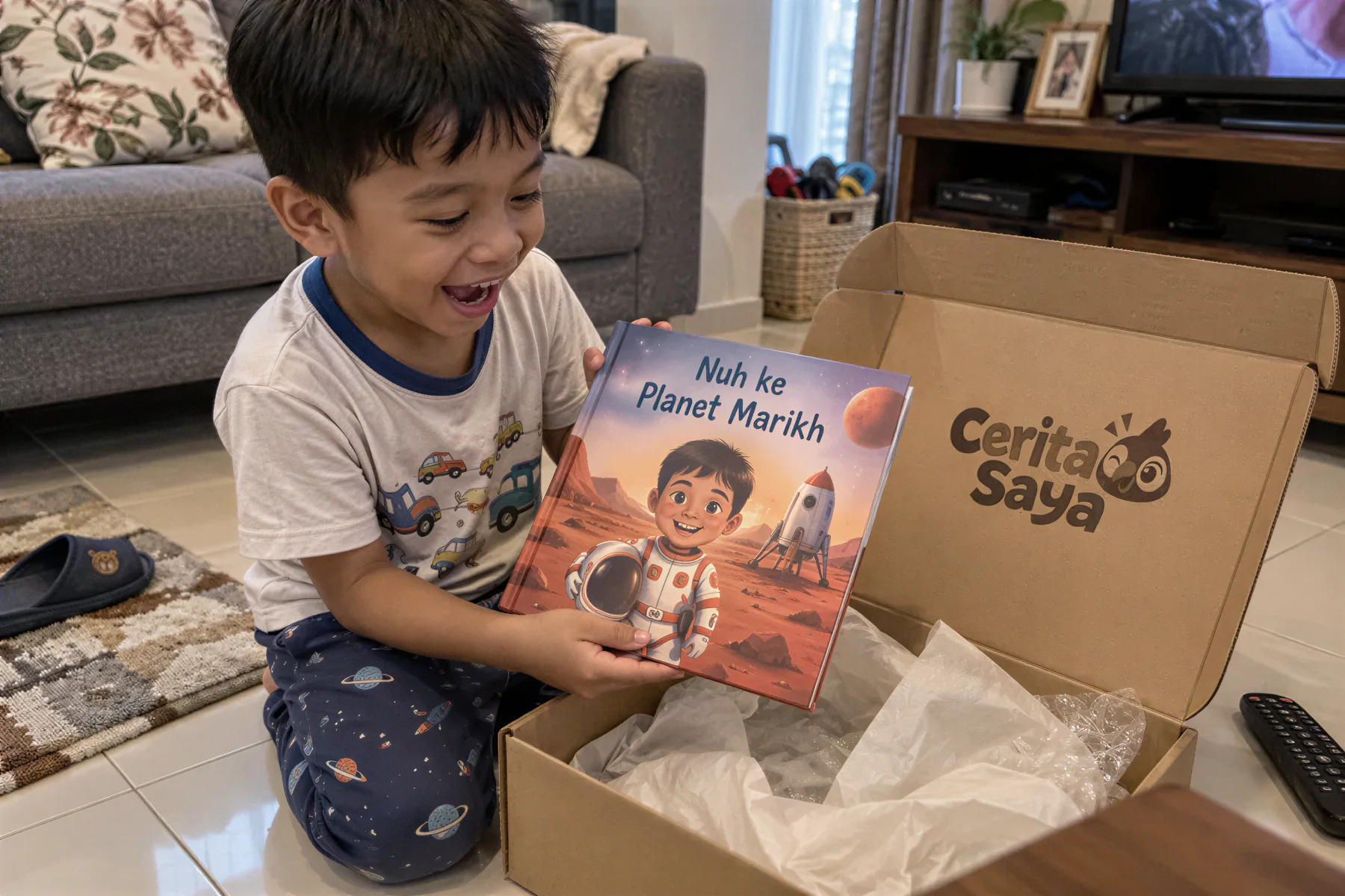 Anak lelaki ketawa sambil memegang buku cetak 'Nuh ke Planet Marikh' di sebelah kotak CeritaSaya