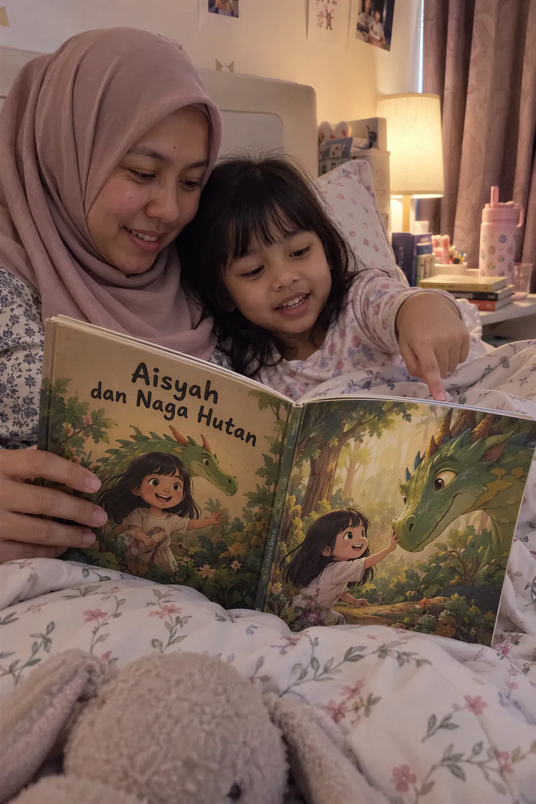 Ibu dan anak perempuan membaca buku 'Aisyah dan Naga Hutan' bersama di atas katil