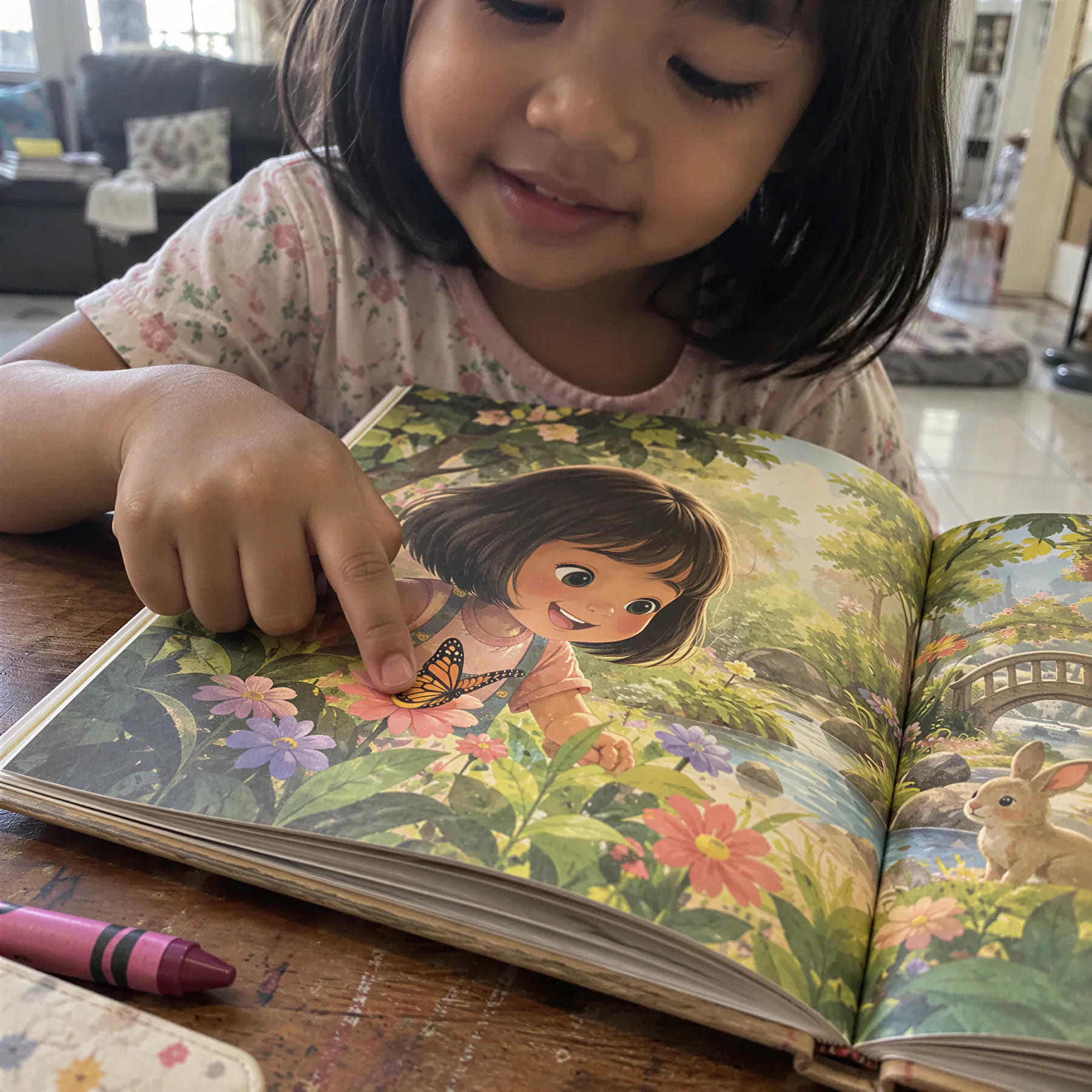 Anak perempuan menunjuk ilustrasi rama-rama dalam buku cerita bercetak