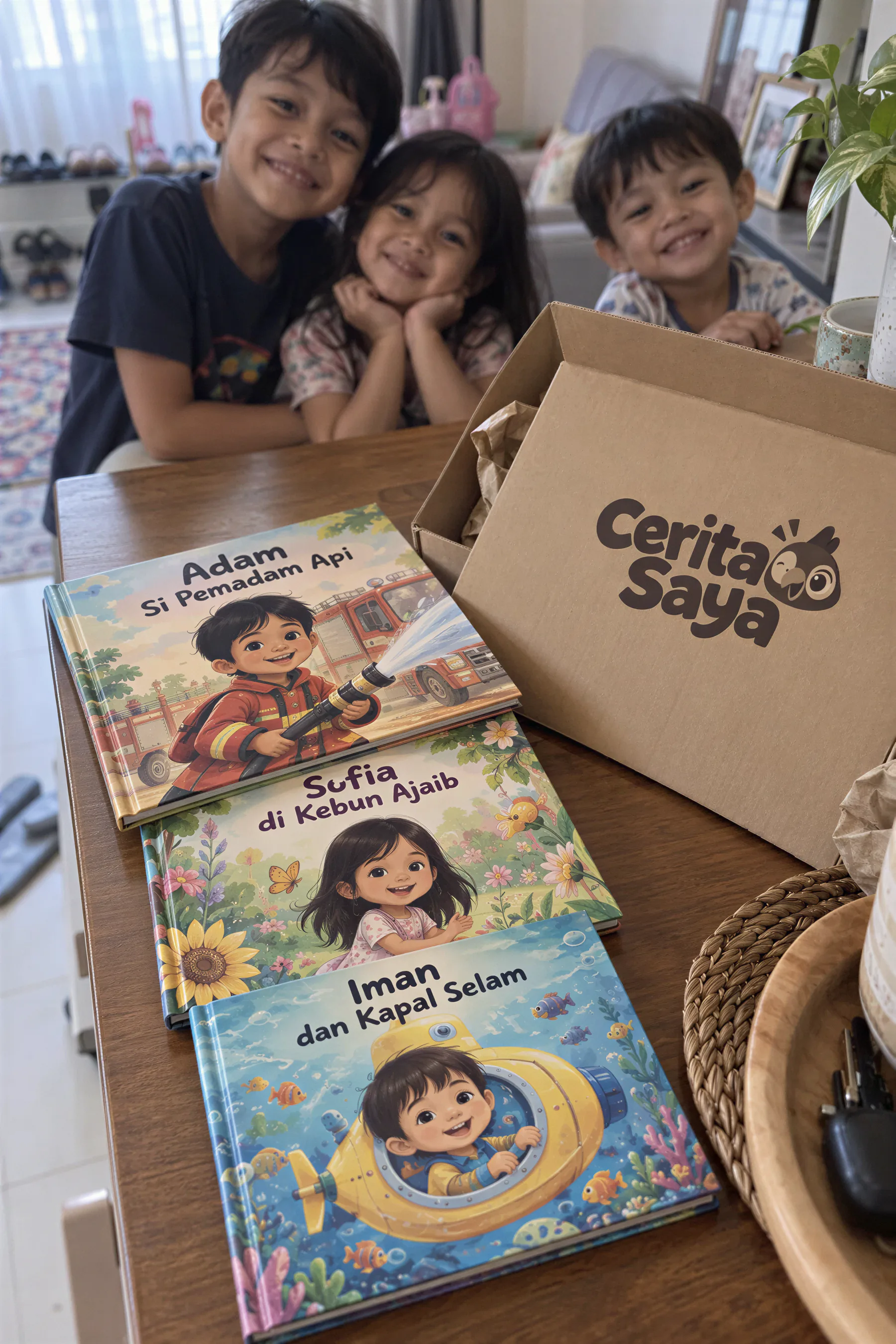 Tiga adik-beradik dengan tiga buku cetak — Adam, Sofia dan Iman — di atas meja