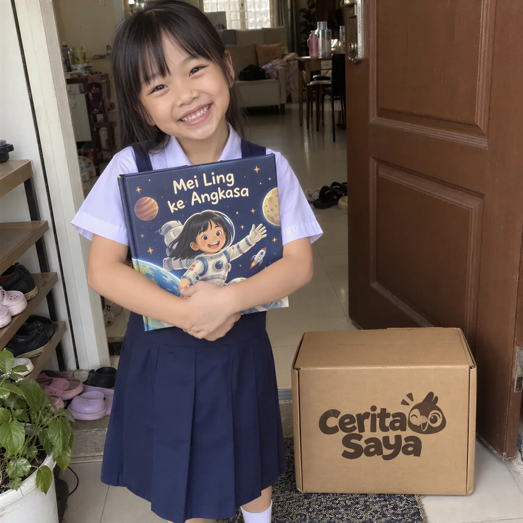 Anak perempuan berseragam sekolah memeluk buku 'Mei Ling ke Angkasa' di muka pintu