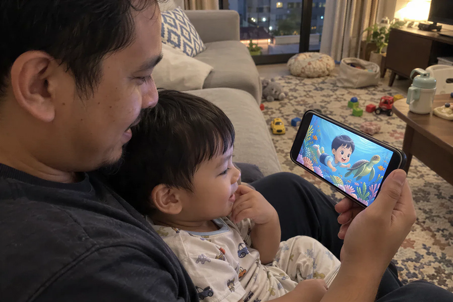 Bapa dan anak kecil membaca buku cerita digital di telefon pada waktu malam
